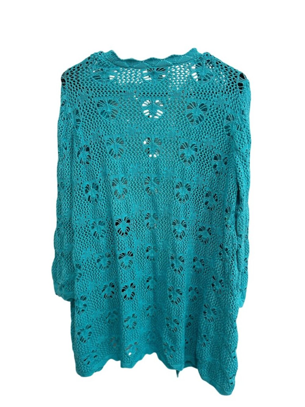 Joan Rivers 1X Turquoise Open Knit Cardigan Cable Eyelet Stitch Cozycore Boho - Picture 2 of 9